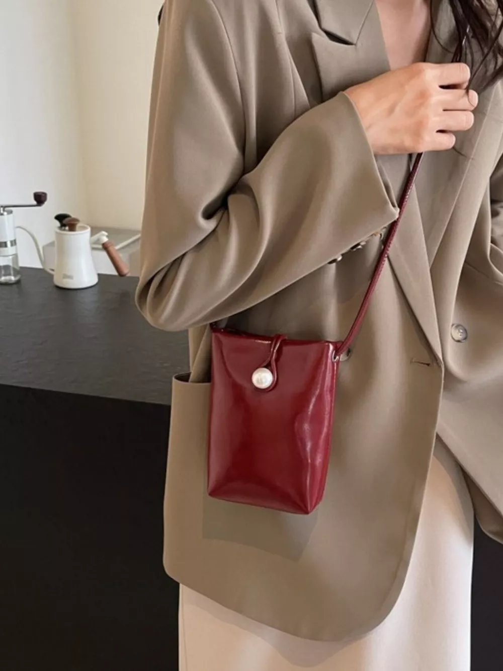 Pearl Decor Faux Leather Crossbody Bag, image 5