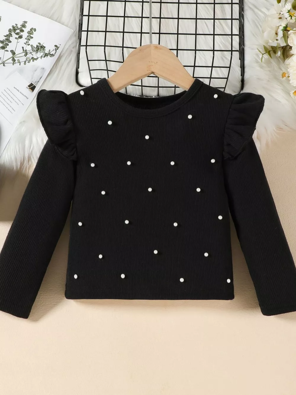 Children's Ruffle Trim Top & Faux Leather Pleated Skirt Set, image 7