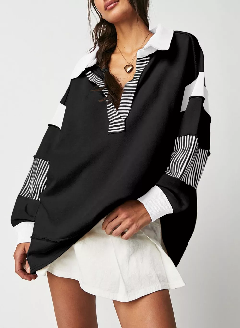 Color Block Striped Johnny Collar Sweatshirt, image 22