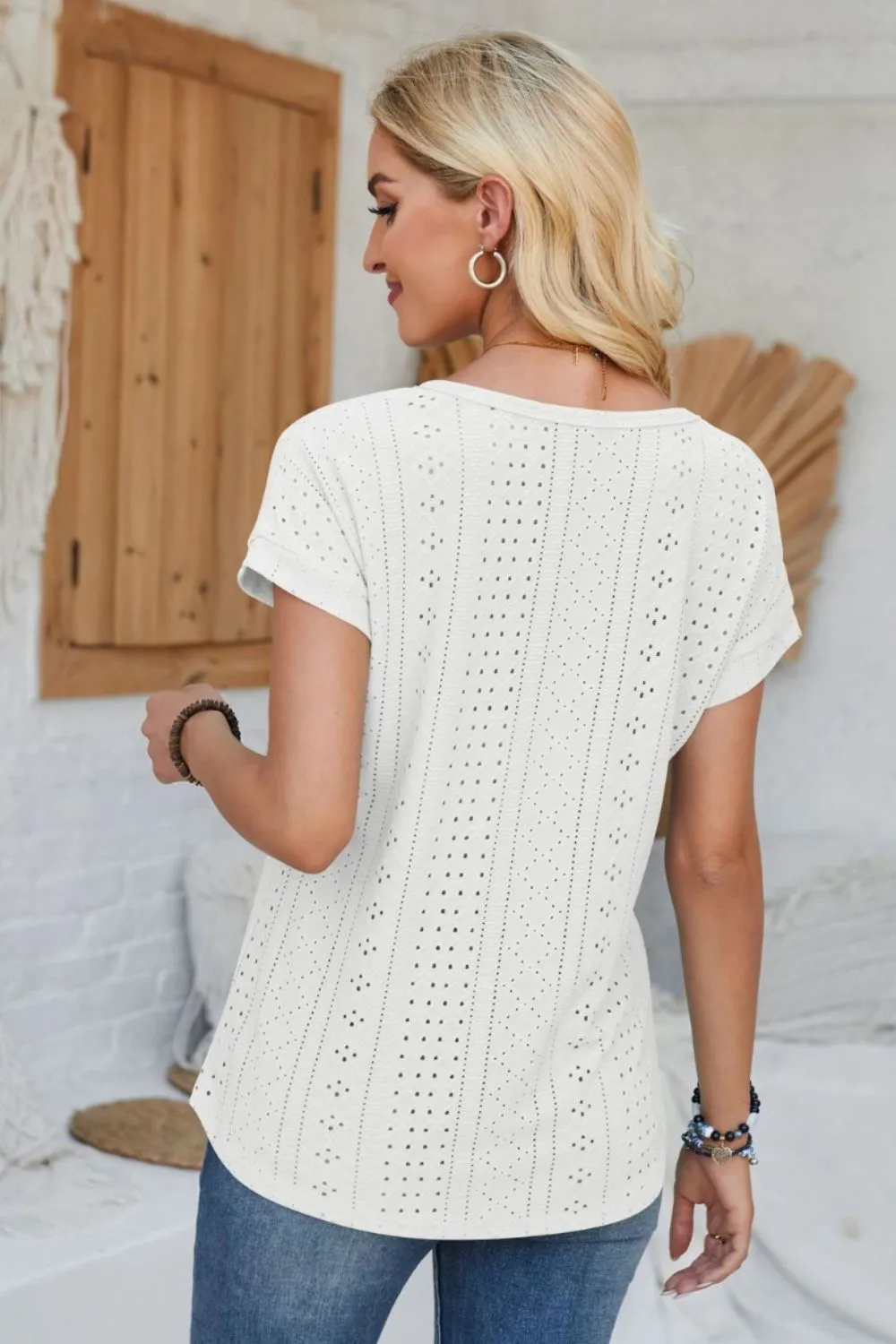 Eyelet Round Neck Rolled Short Sleeve T-Shirt, image 13