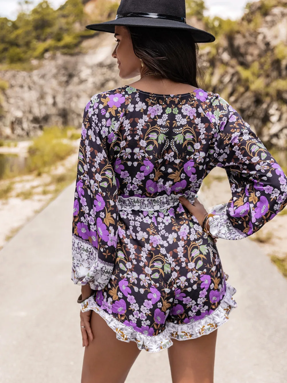 Printed Frill Half Button Balloon Sleeve Romper, image 5