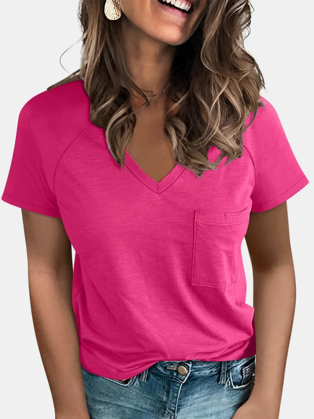 Pocketed V-Neck Short Sleeve T-Shirt, image 18