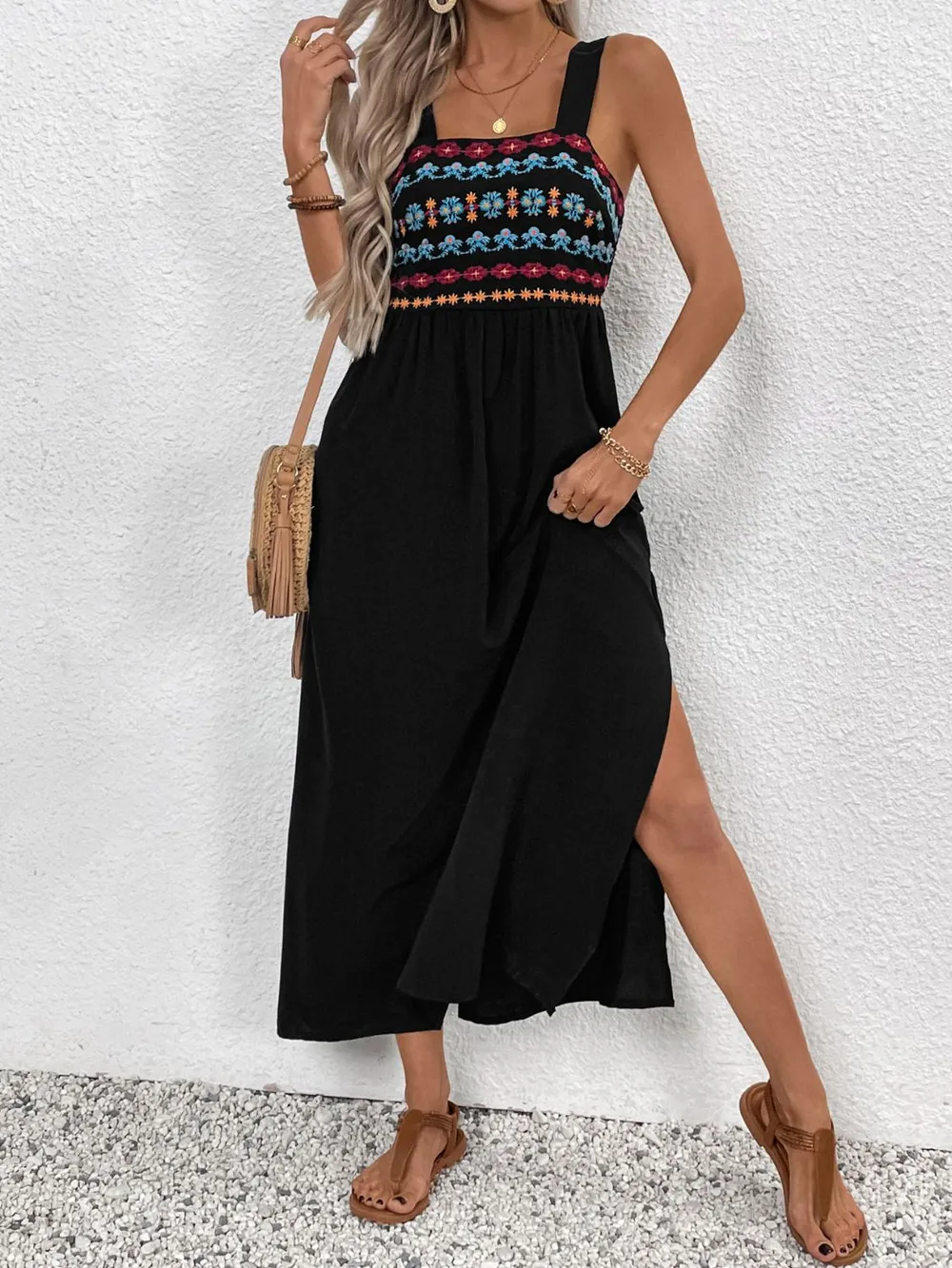 Embroidered Floral Side Slit Sleeveless Midi Dress, image 4
