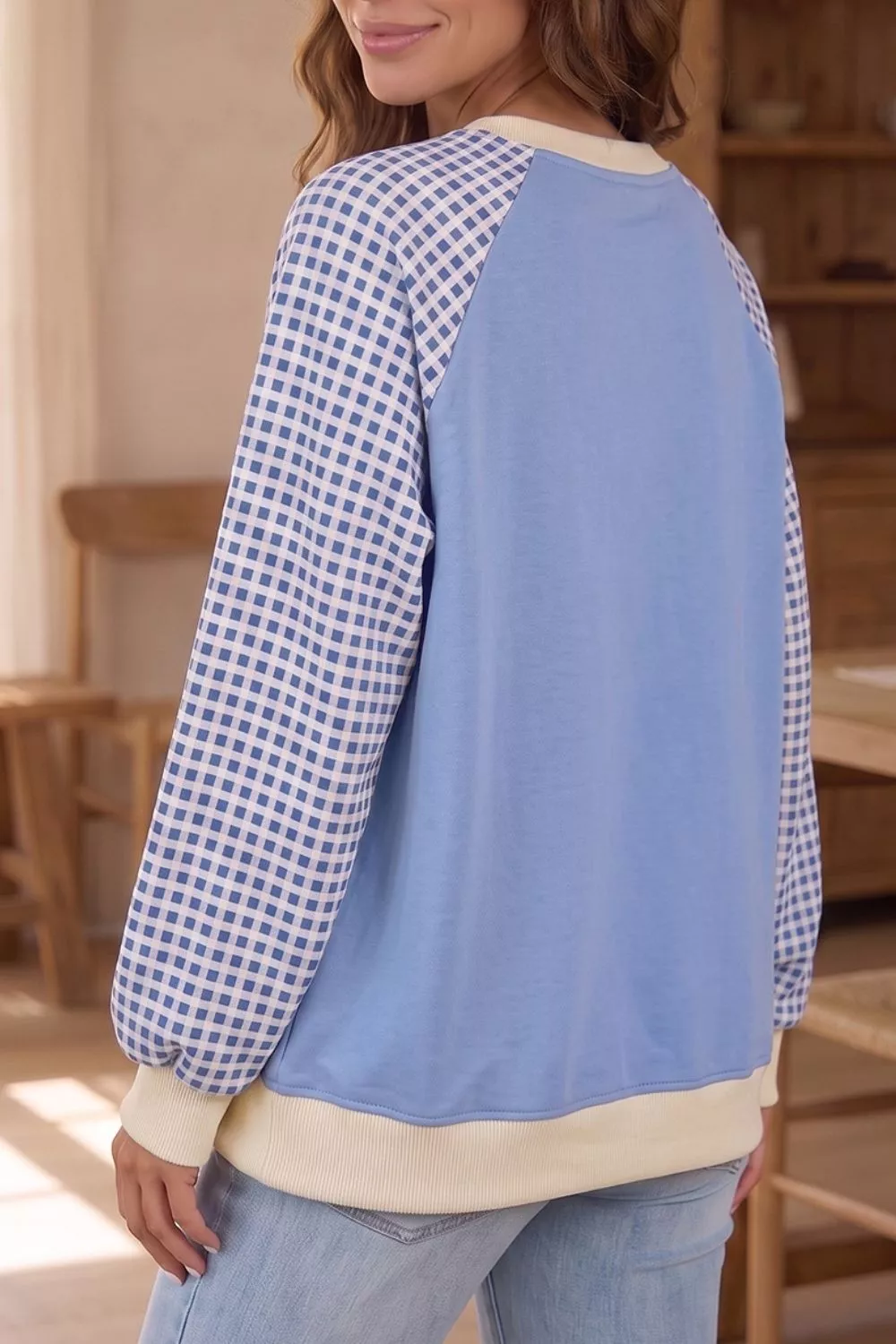 Plaid Raglan Sleeve Round Neck Sweatshirt, image 4