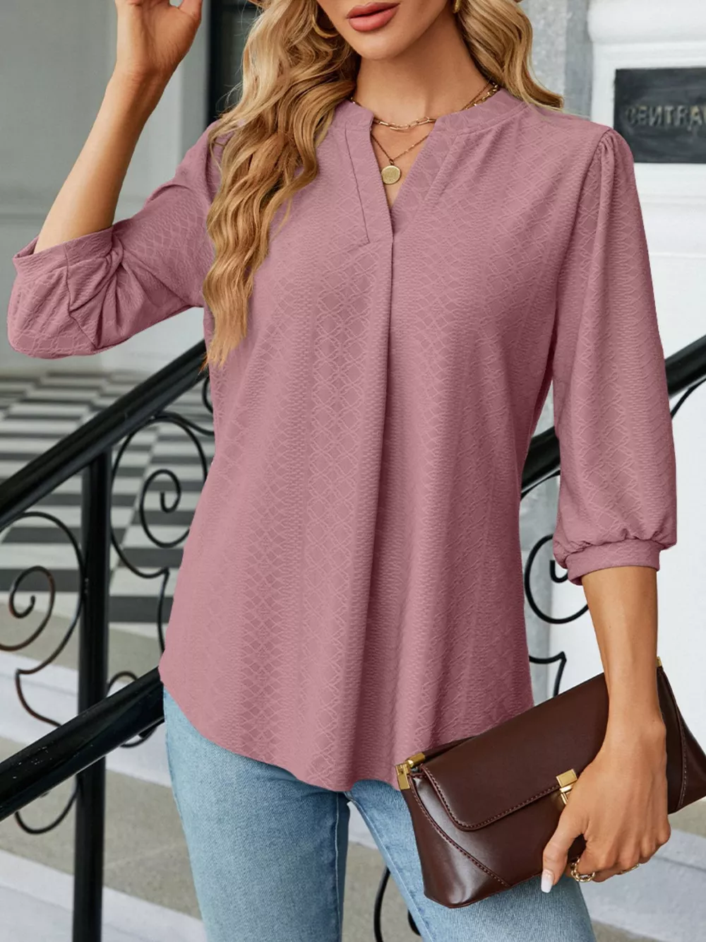 Notched 3/4 Sleeve Casual Top, image 6
