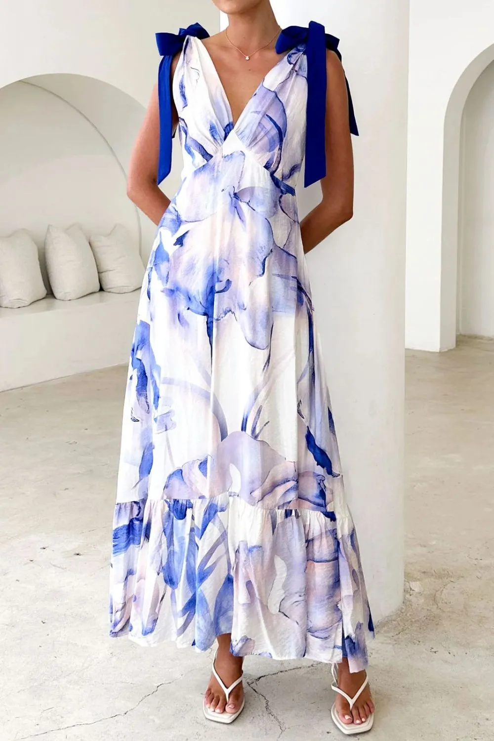 Printed V-Neck Tie Shoulder Midi Cami Dress, image 18