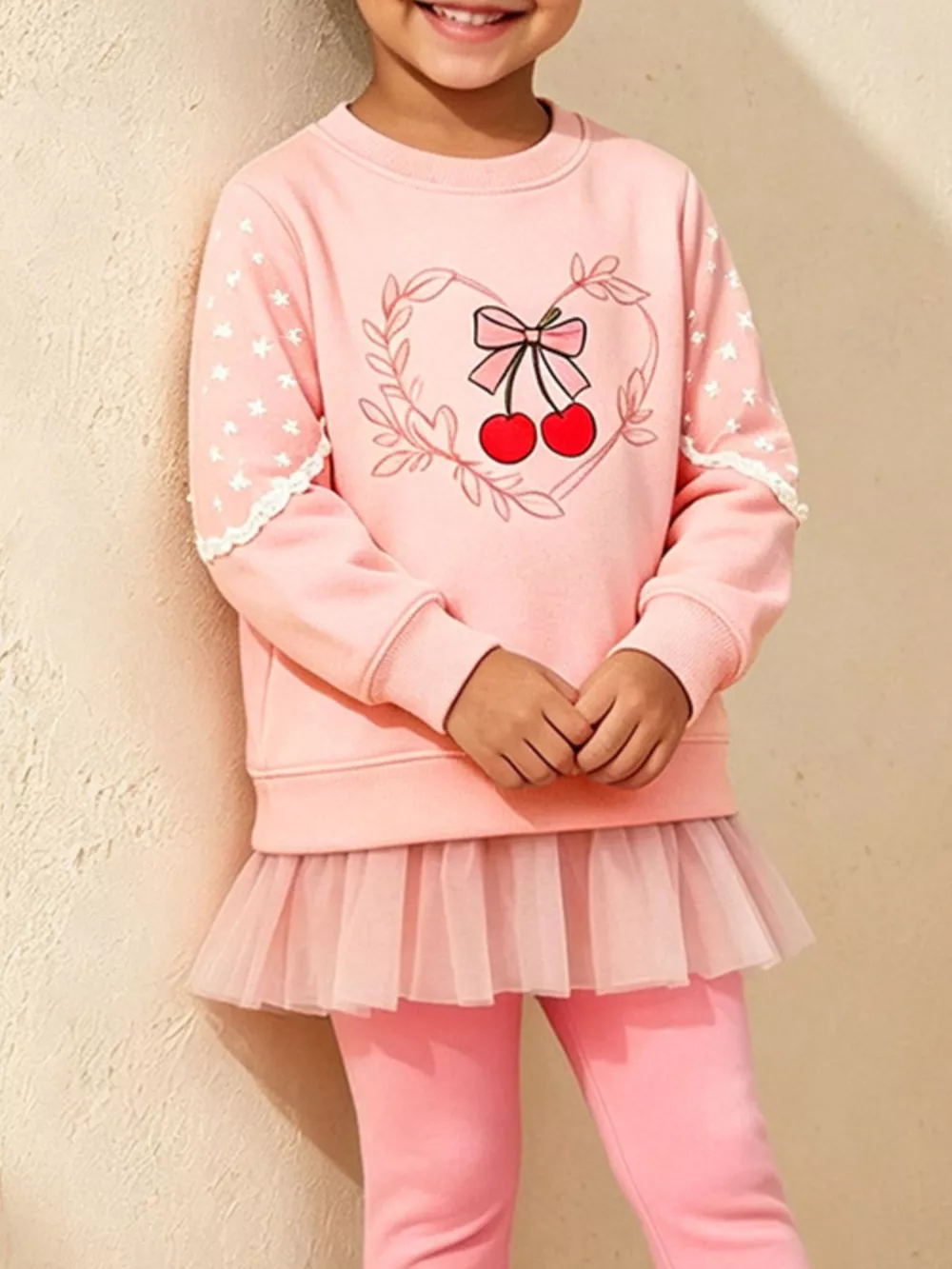 Children's Cherry Graphic Tulle Sweatshirt and Leggings Set, image 4