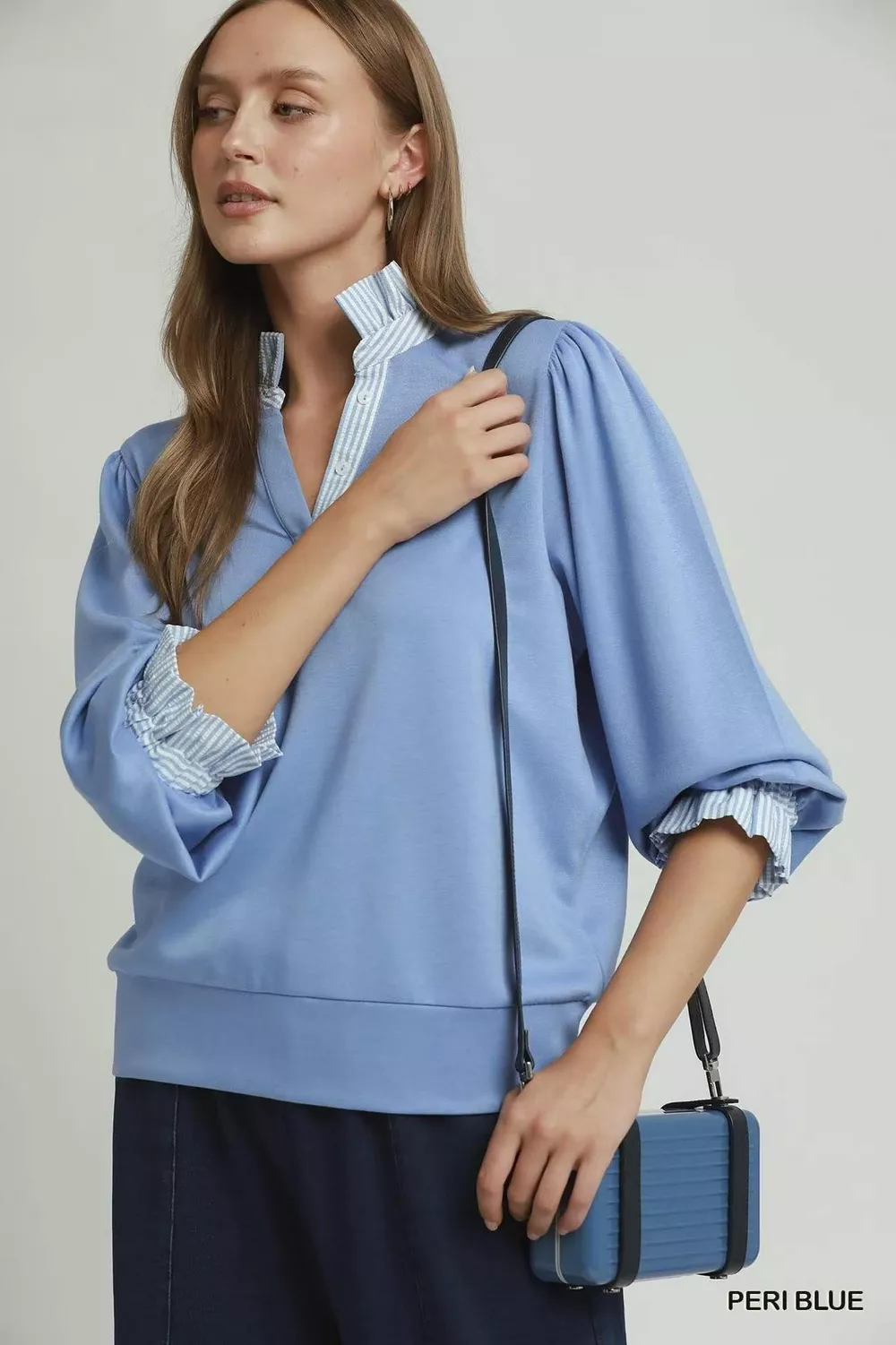 Stripe Ruffle Neck Long Sleeve Top, image 2