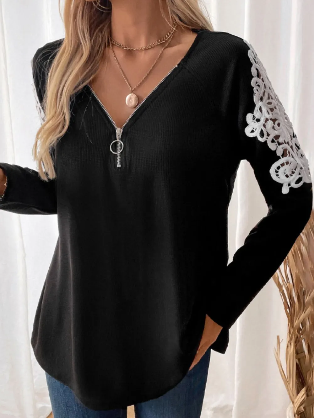 Lace Detail Quarter Zip Long Sleeve Top, image 4