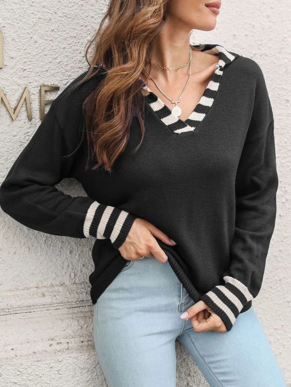 Striped Trim Drop Shoulder Sweater, image 9