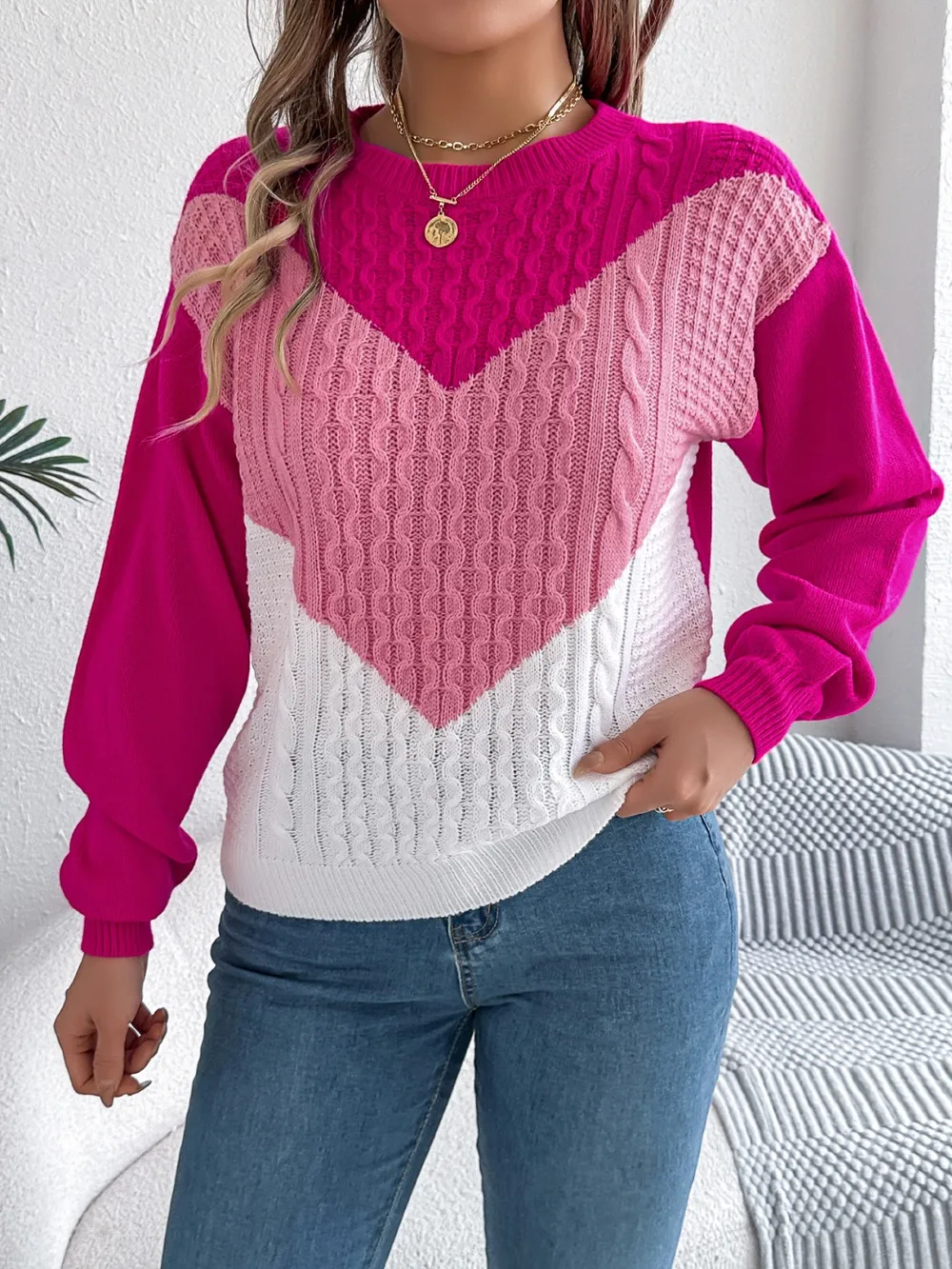 Contrast Round Neck Long Sleeve Sweater, image 17