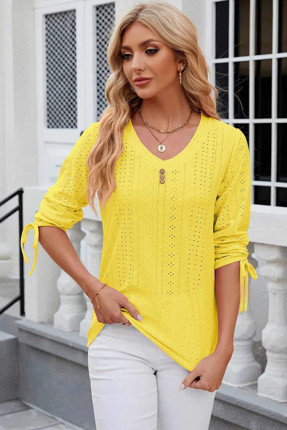 Eyelet Drawstring V-Neck Half Sleeve T-Shirt, image 22