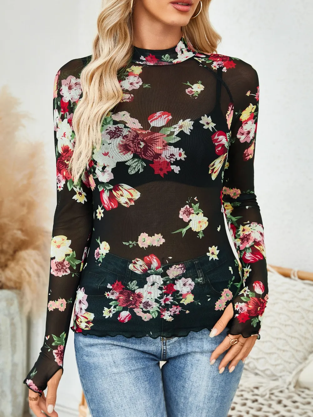 Floral Mock Neck Long Sleeve Top, image 19