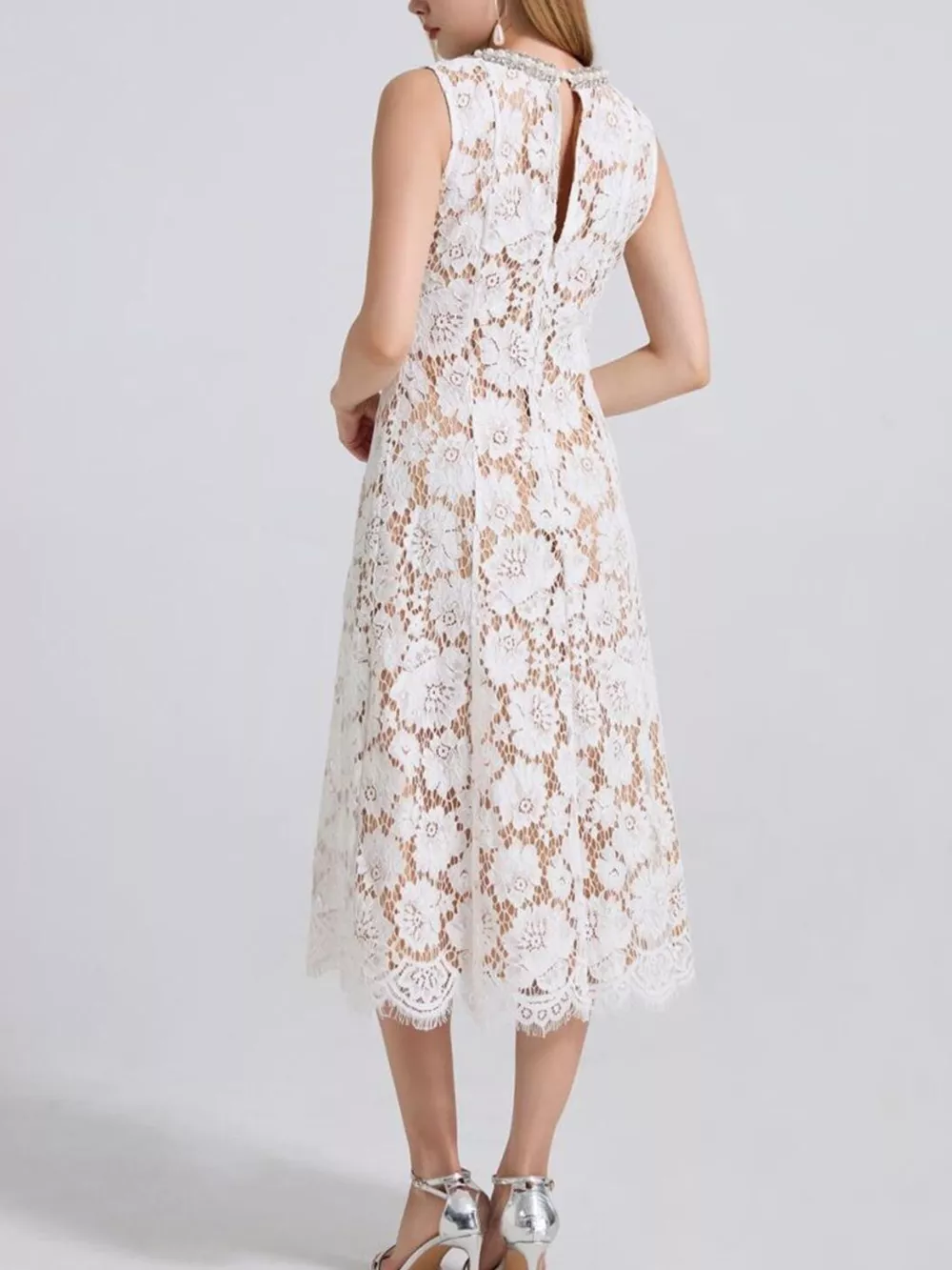 Pearl Neckline Sleeveless Lace Dress, image 7