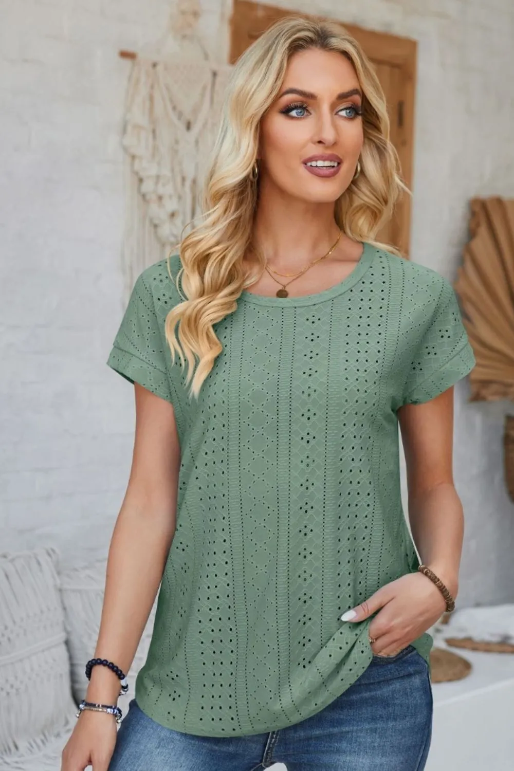 Eyelet Round Neck Rolled Short Sleeve T-Shirt, image 24