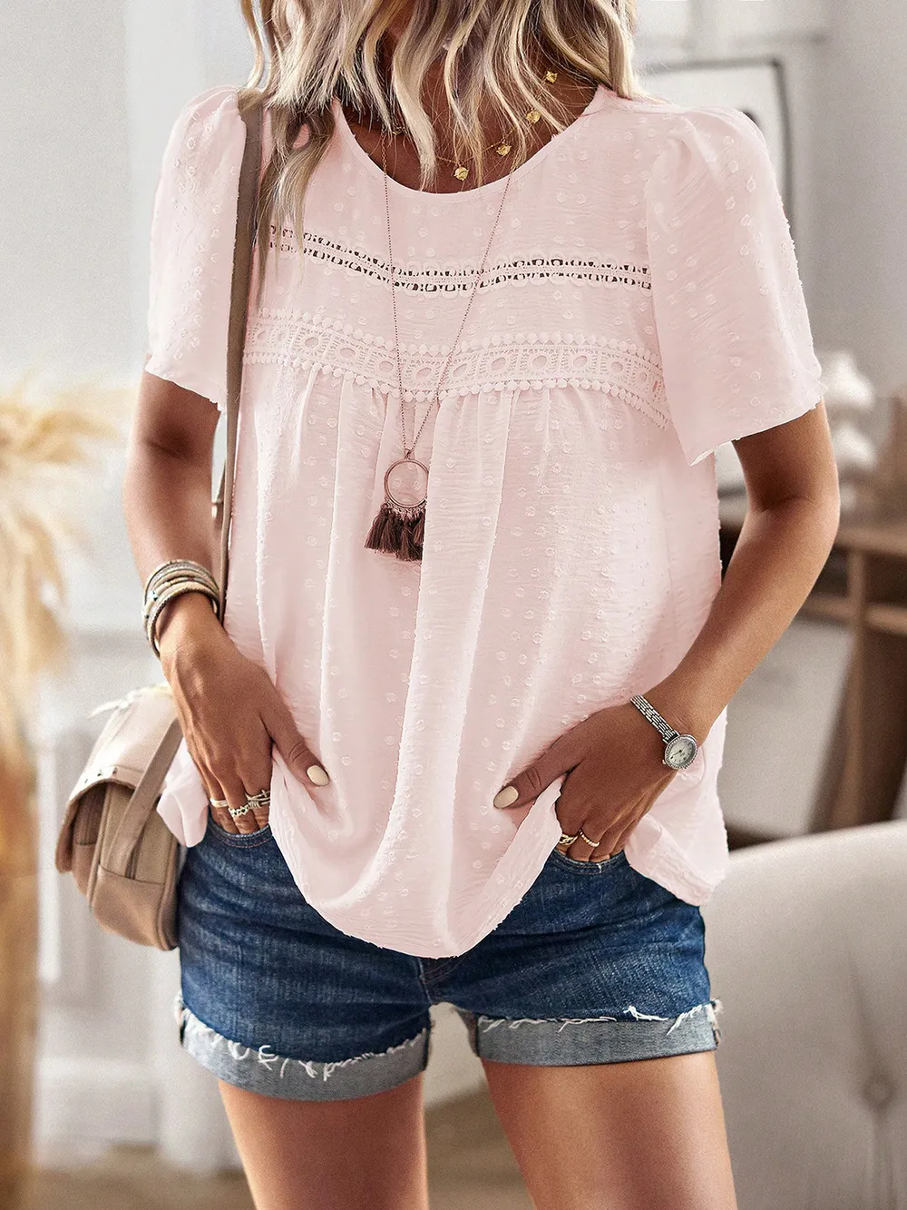 Lace Detail Round Neck Short Sleeve Blouse, image 25