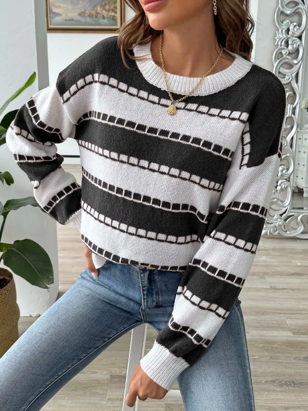 Striped Round Neck Long Sleeve Sweater, image 7