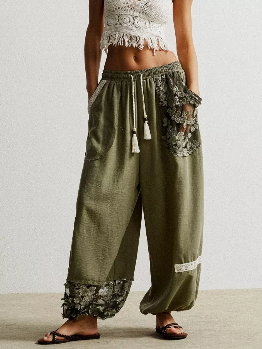 Lace Detail Drawstring Harem Pants, image 7