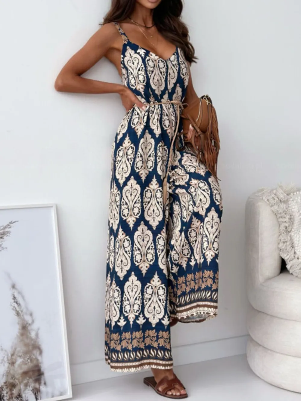 Paisley Print Spaghetti Strap Wide Leg Jumpsuit, image 3