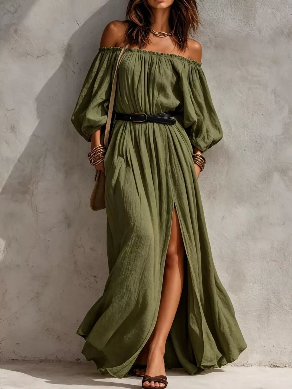 Boho Off-Shoulder Maxi Dress with Side Slit