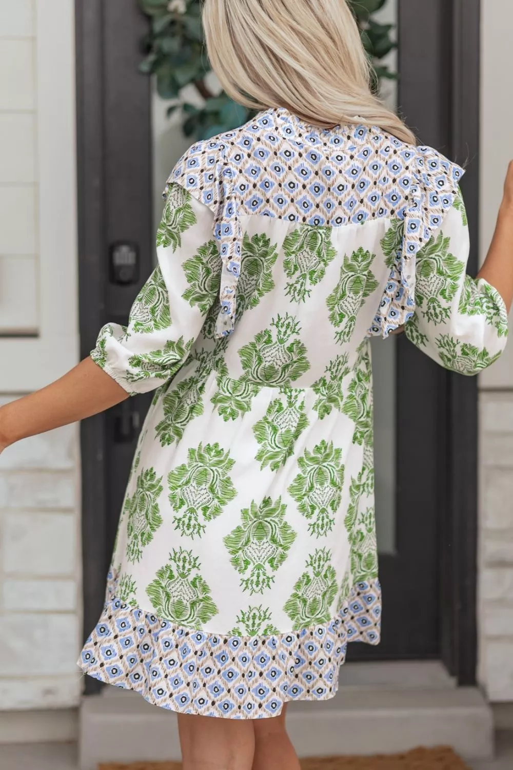 Floral Print Contrast Patchwork Ruffle Detail Mini Dress, image 3