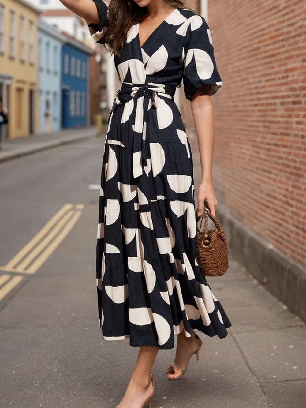 Tied Slit Printed Half Sleeve Midi Dress, image 9