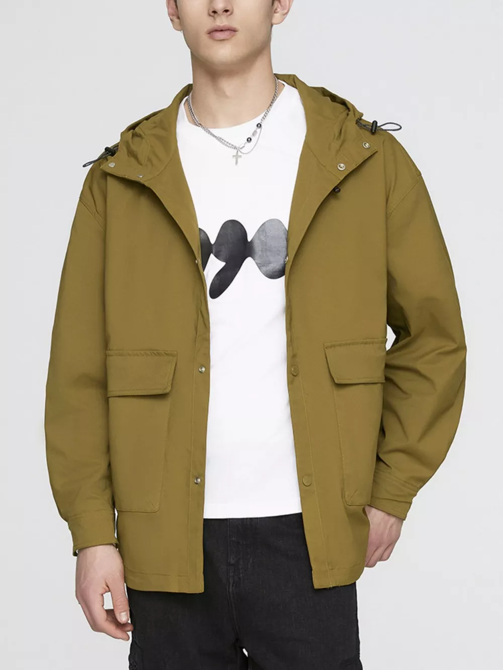 Men's Plus Size Urban Style Hooded Snap Down Jacket, image 8