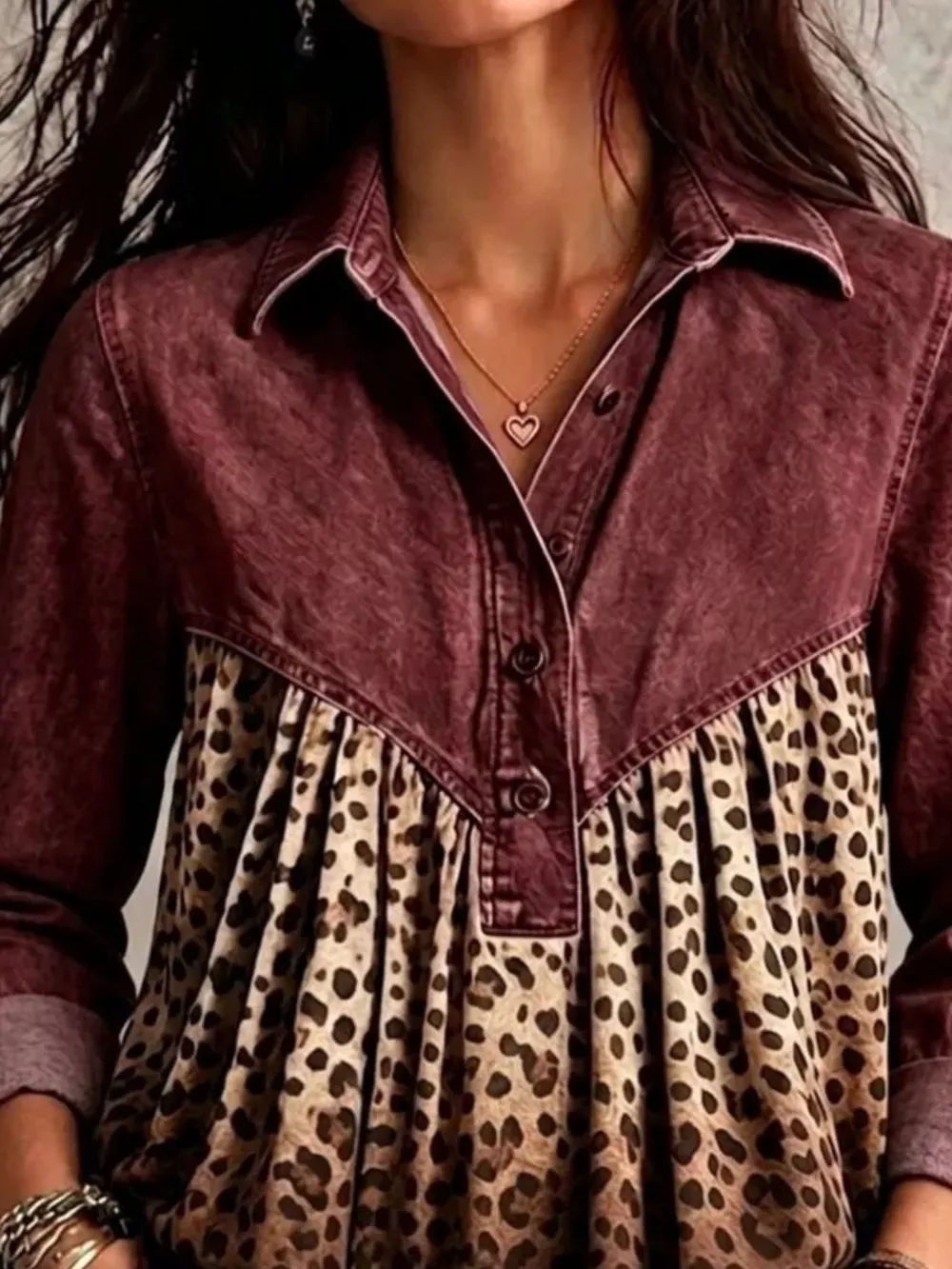 Full Size Leopard Button Detail Blouse Plus Size, image 17