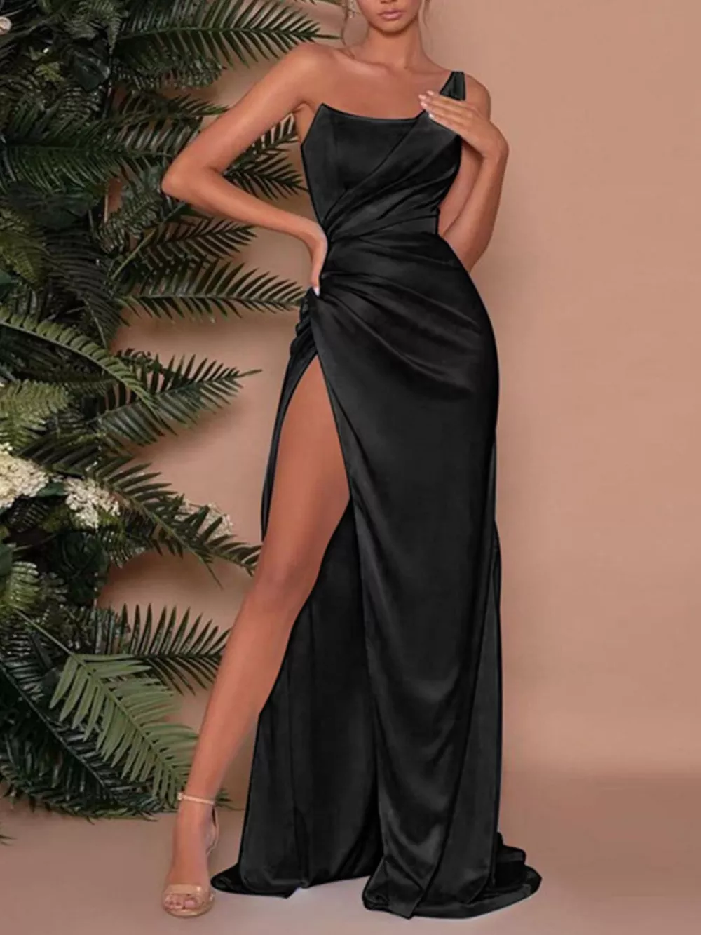 One-Shoulder Satin Maxi Dress with High Slit, image 5