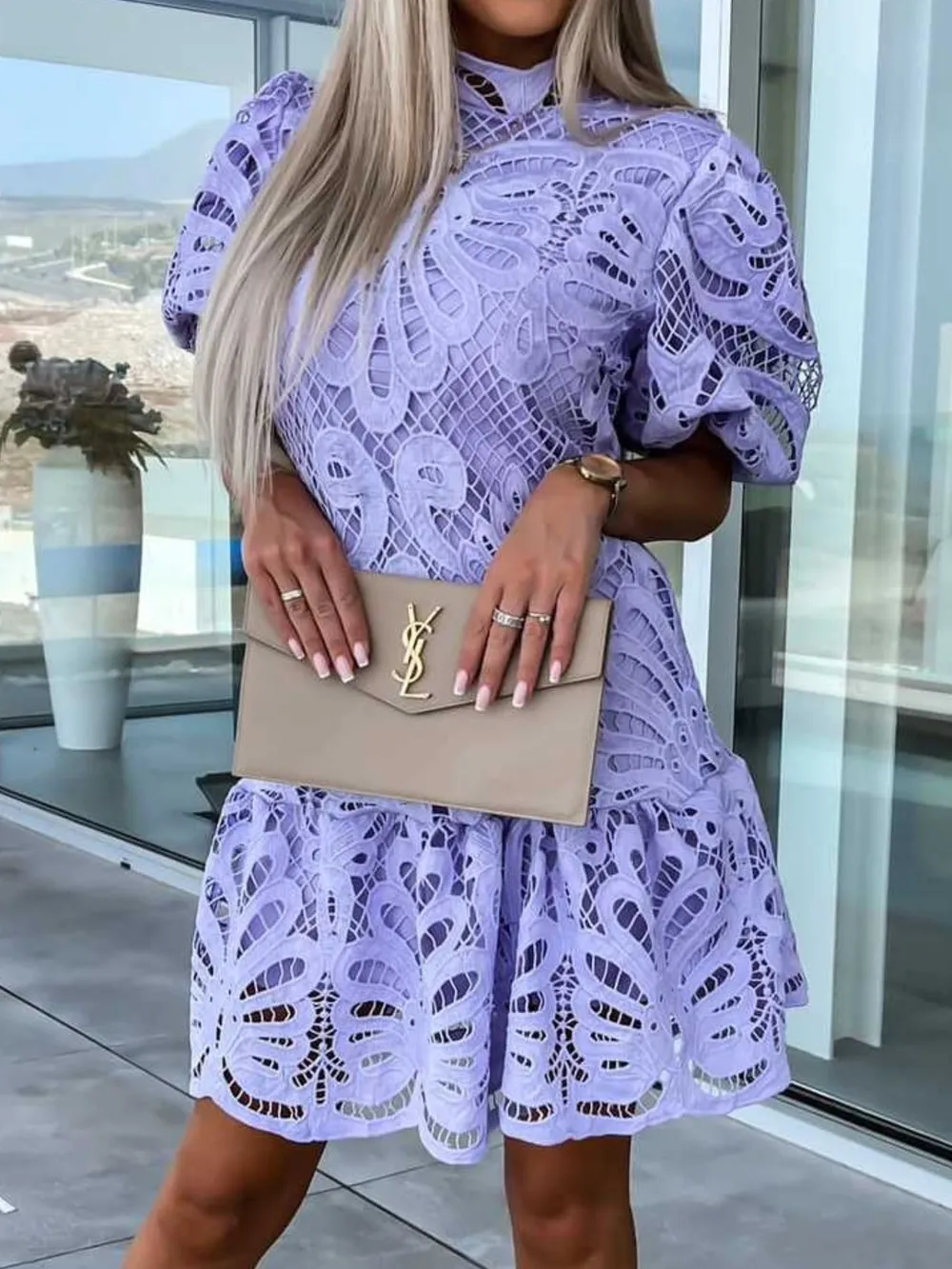 Lace Mock Neck Puff Sleeve Dress, image 11