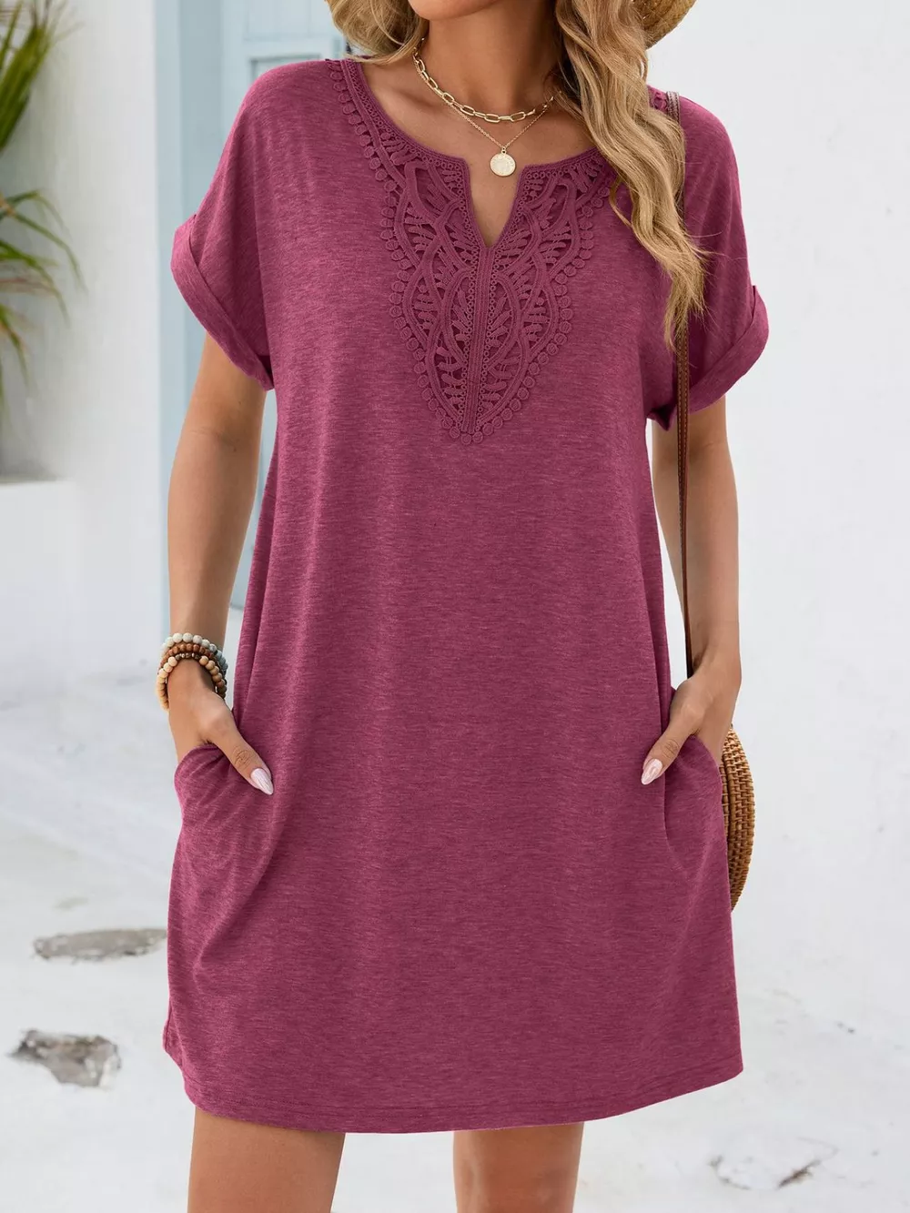 Lace Trim Notched Short Sleeve Dress, image 17