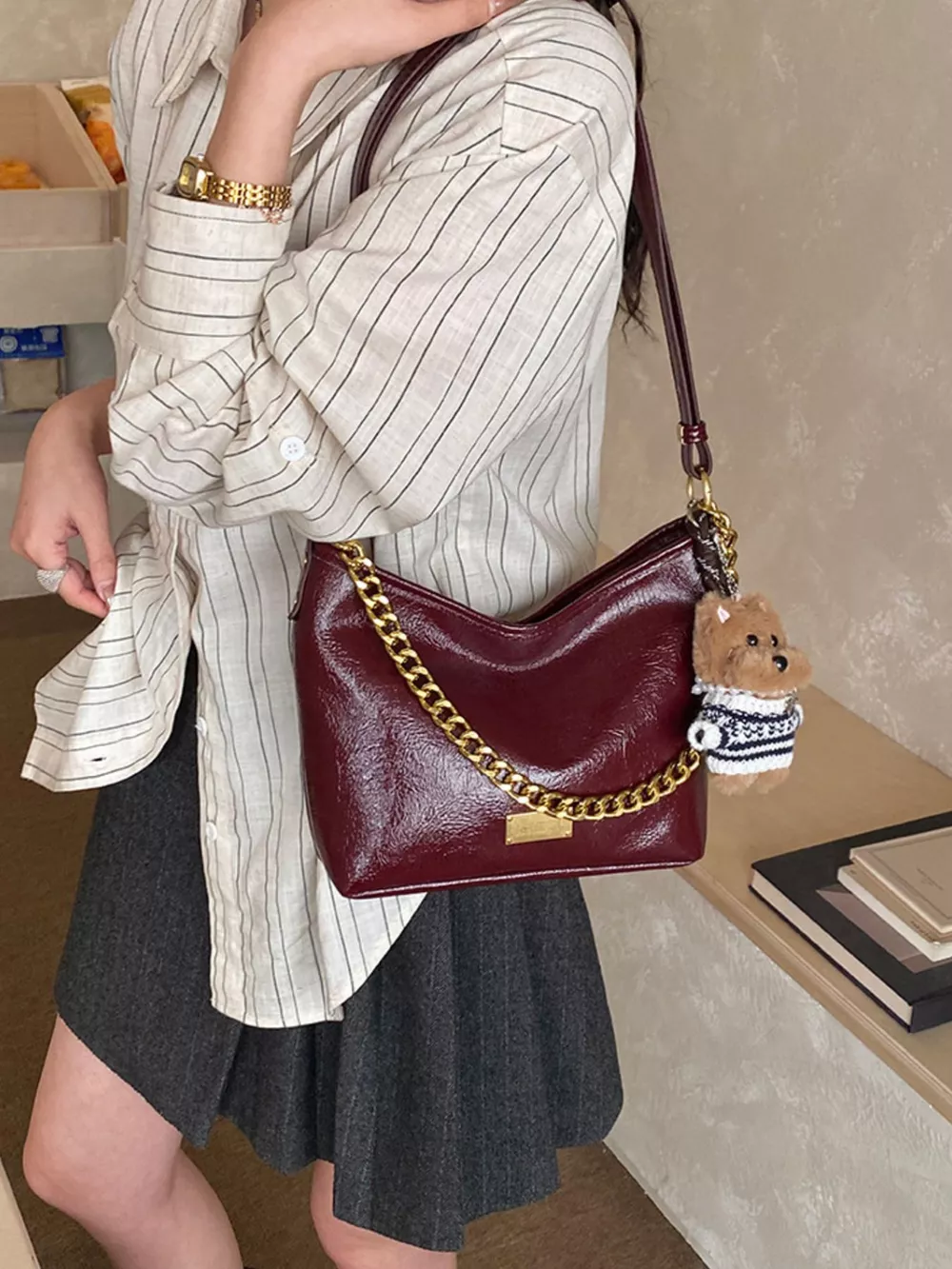Chain Decor Shoulder Bag with Bear Charm, image 2