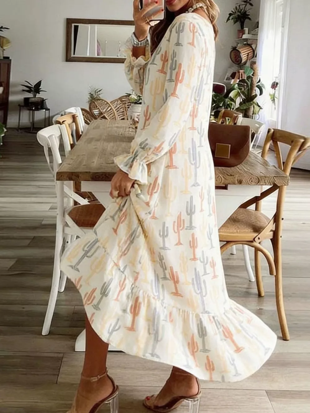 V-Neck Flounce Sleeve Dress, image 3
