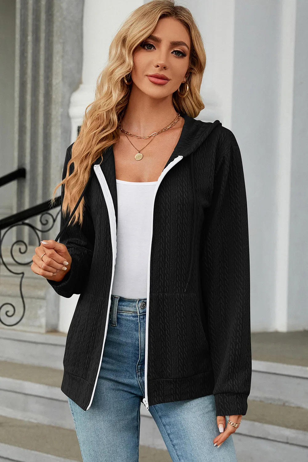 Drawstring Zip Up Long Sleeve Hoodie, image 8