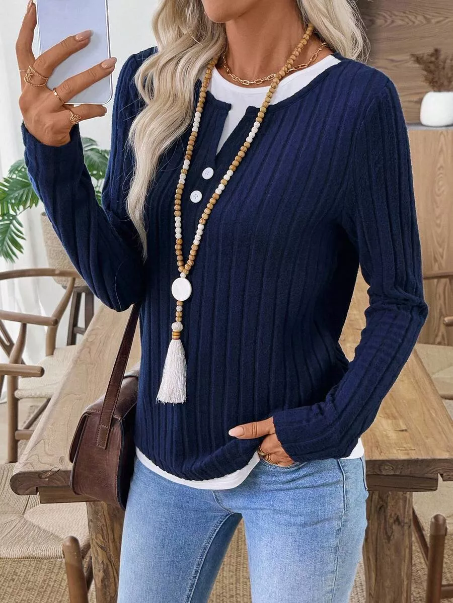 Ribbed Knit Long Sleeve Fake Two-Piece T-Shirt, image 17