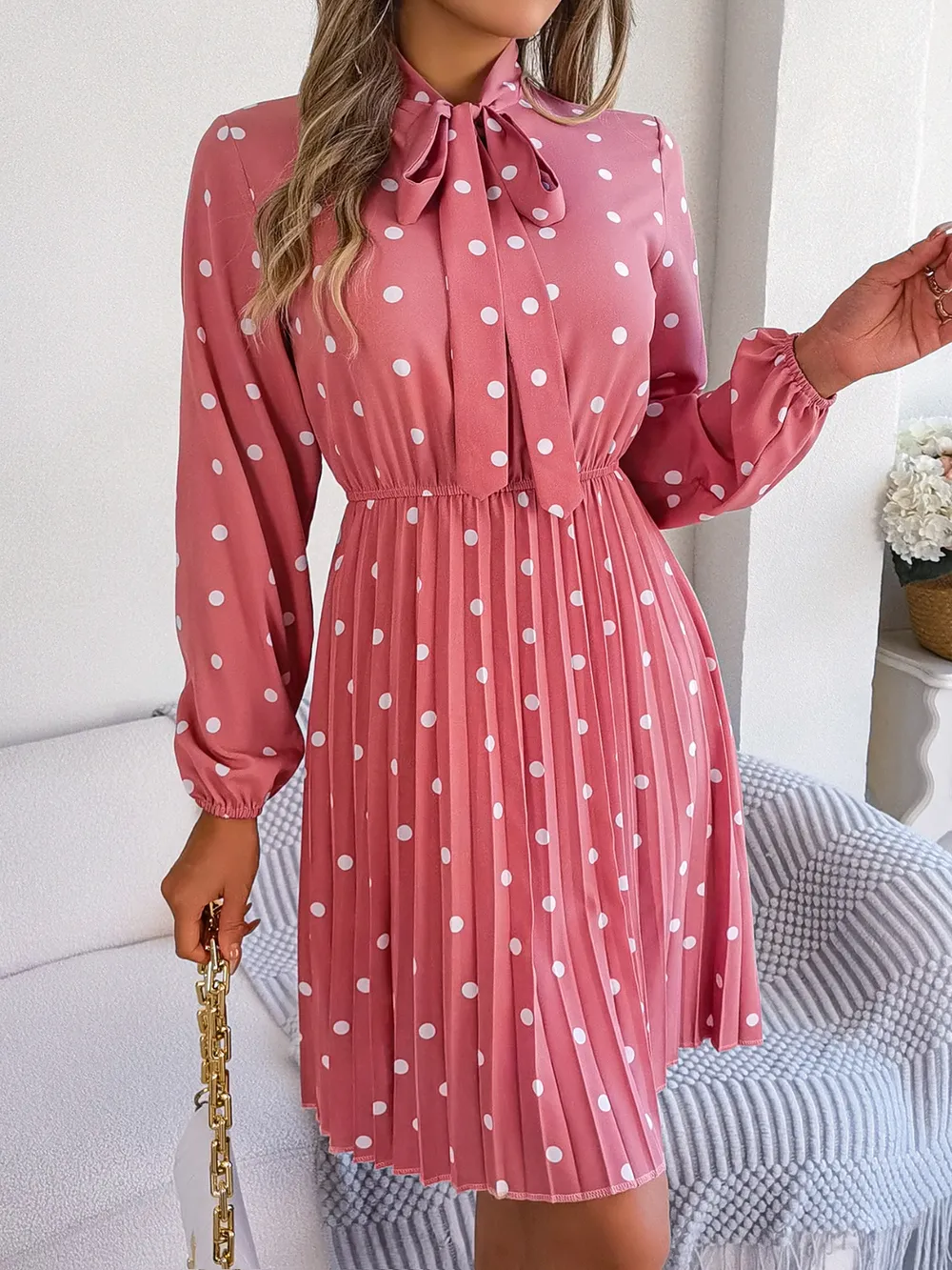 Polka Dot Tie Neck Pleated Dress, image 2