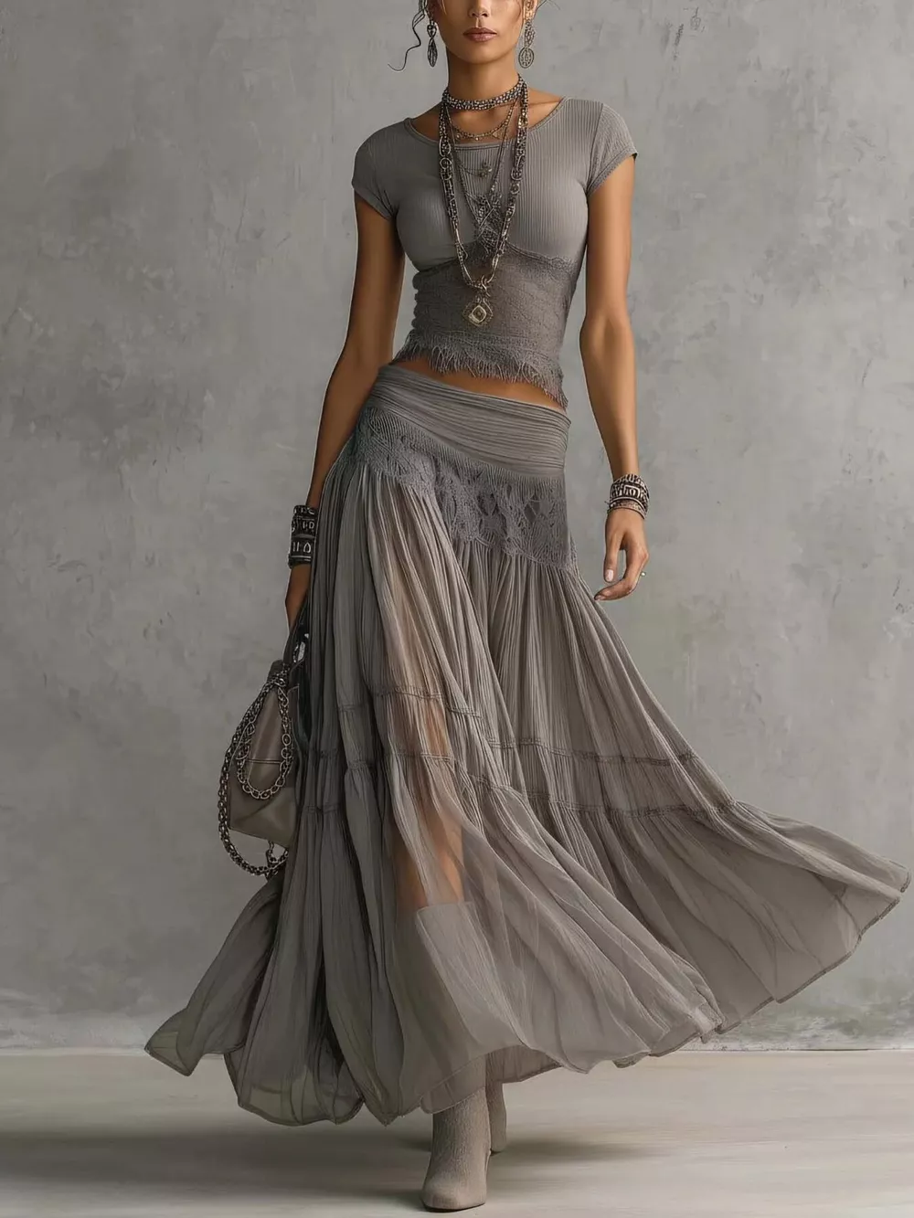 Lace Slim Fit Top and Maxi Skirt Set, image 2