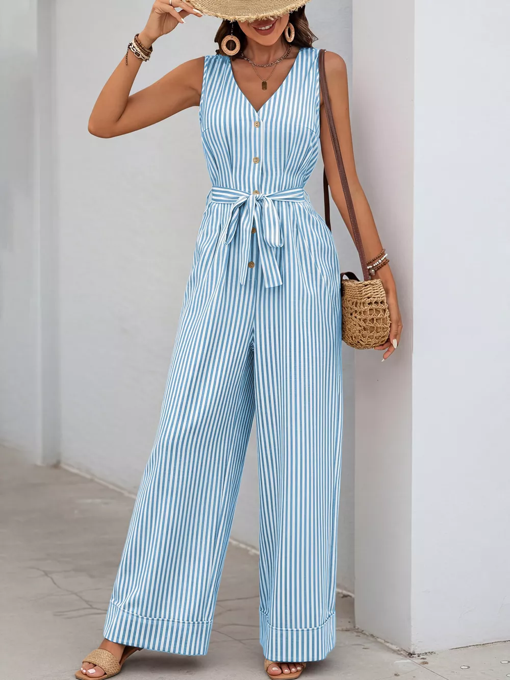 Striped Button-Front Tie Waist Wide Leg Jumpsuit, image 3