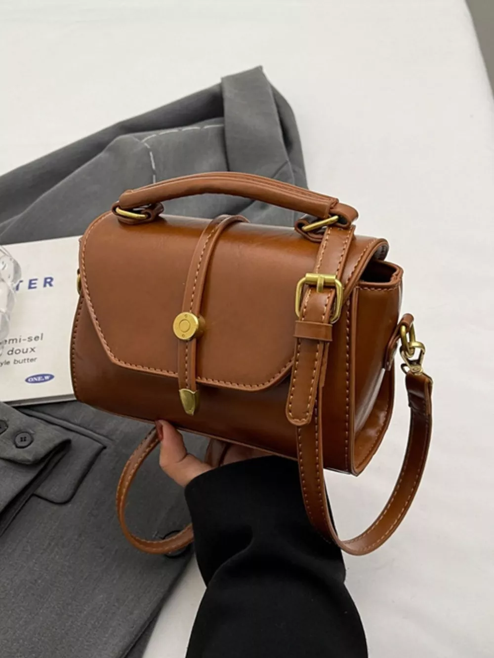 Leather Top Handle Crossbody Bag, image 6