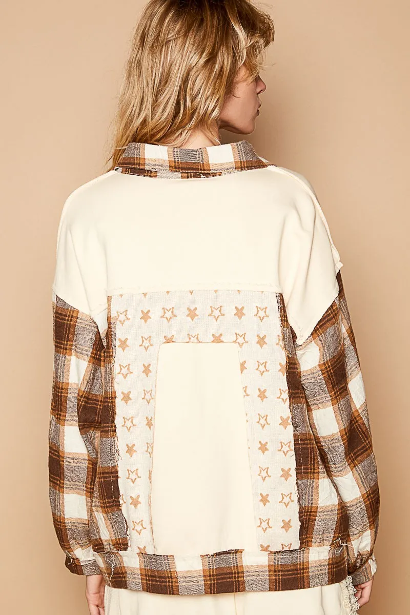 Plaid & Star Patchwork Contrast Long Sleeve Shacket, image 2