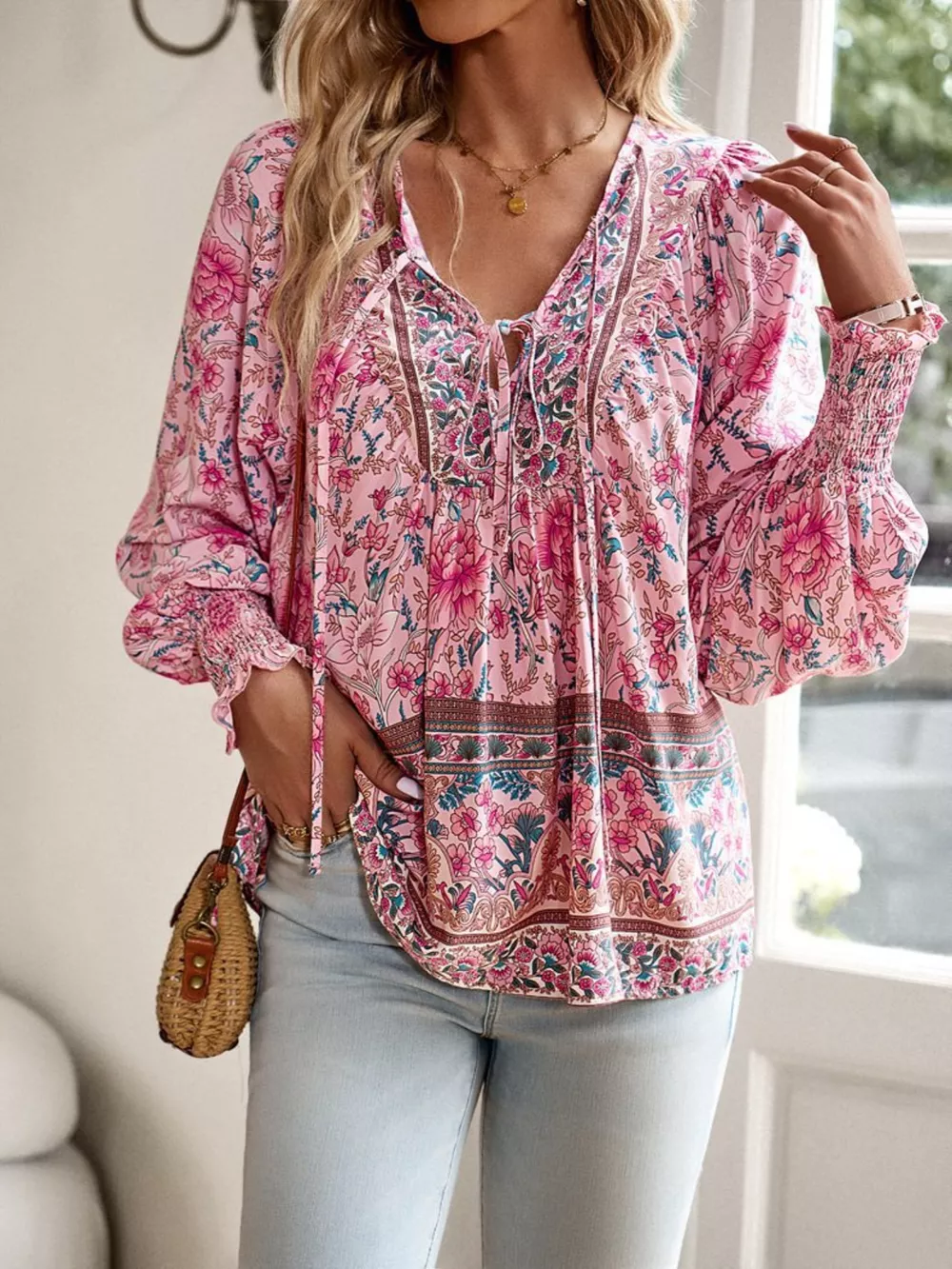 Floral Print Tie Neck Bohemian Blouse, image 14