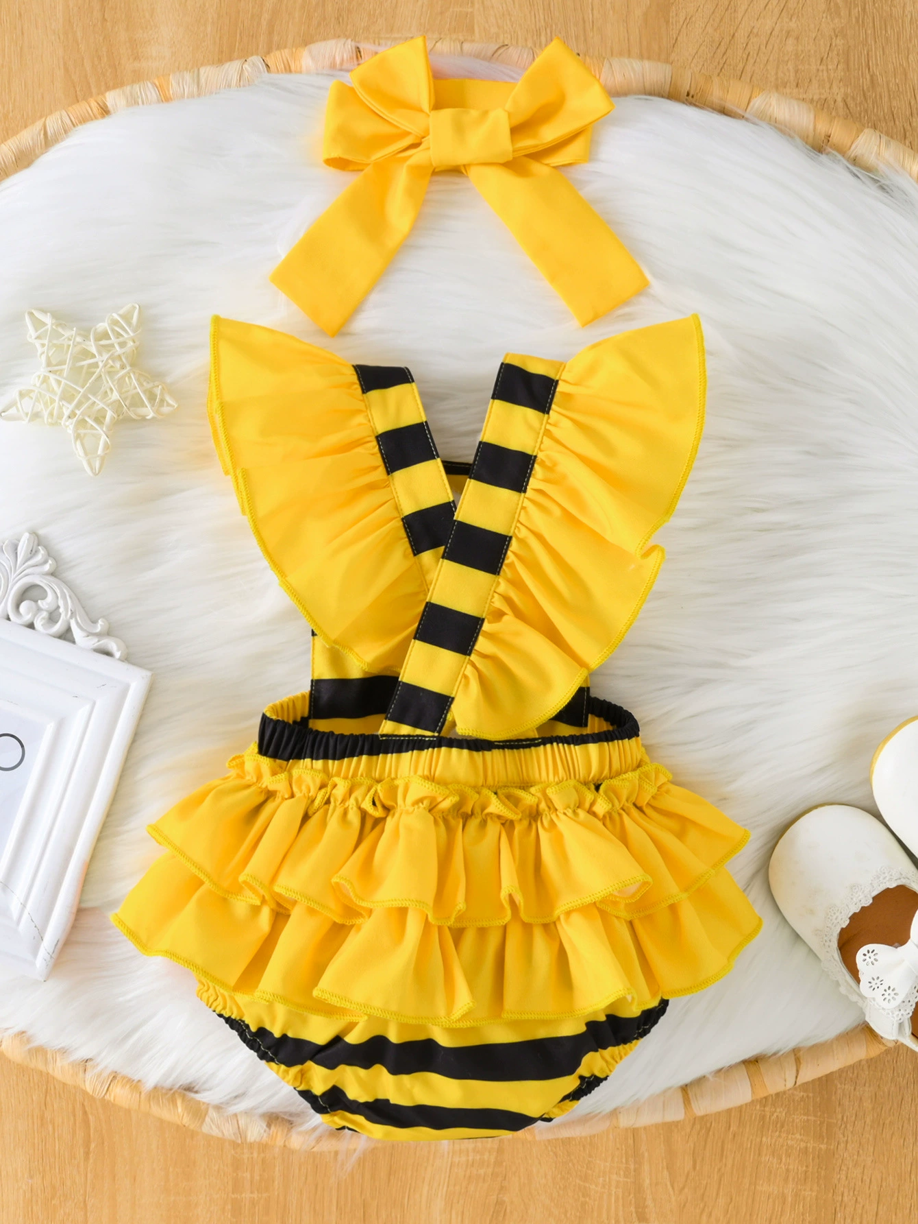 Children's Bee Striped Ruffle Bodysuit Dress with Headband, image 3