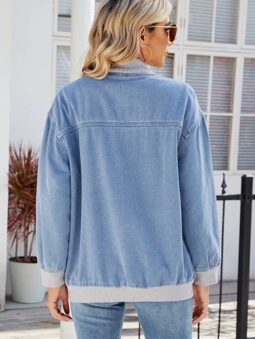 Pocketed Zip Up Baseball Collar Denim Jacket, image 4