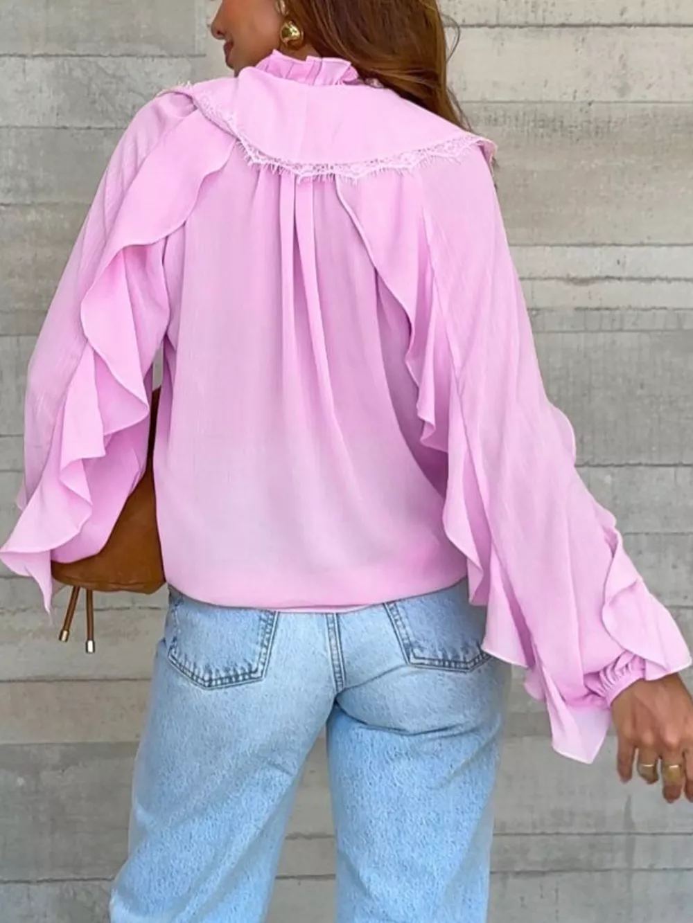 V-Neck Ruffled Lace Trim Blouse, image 13