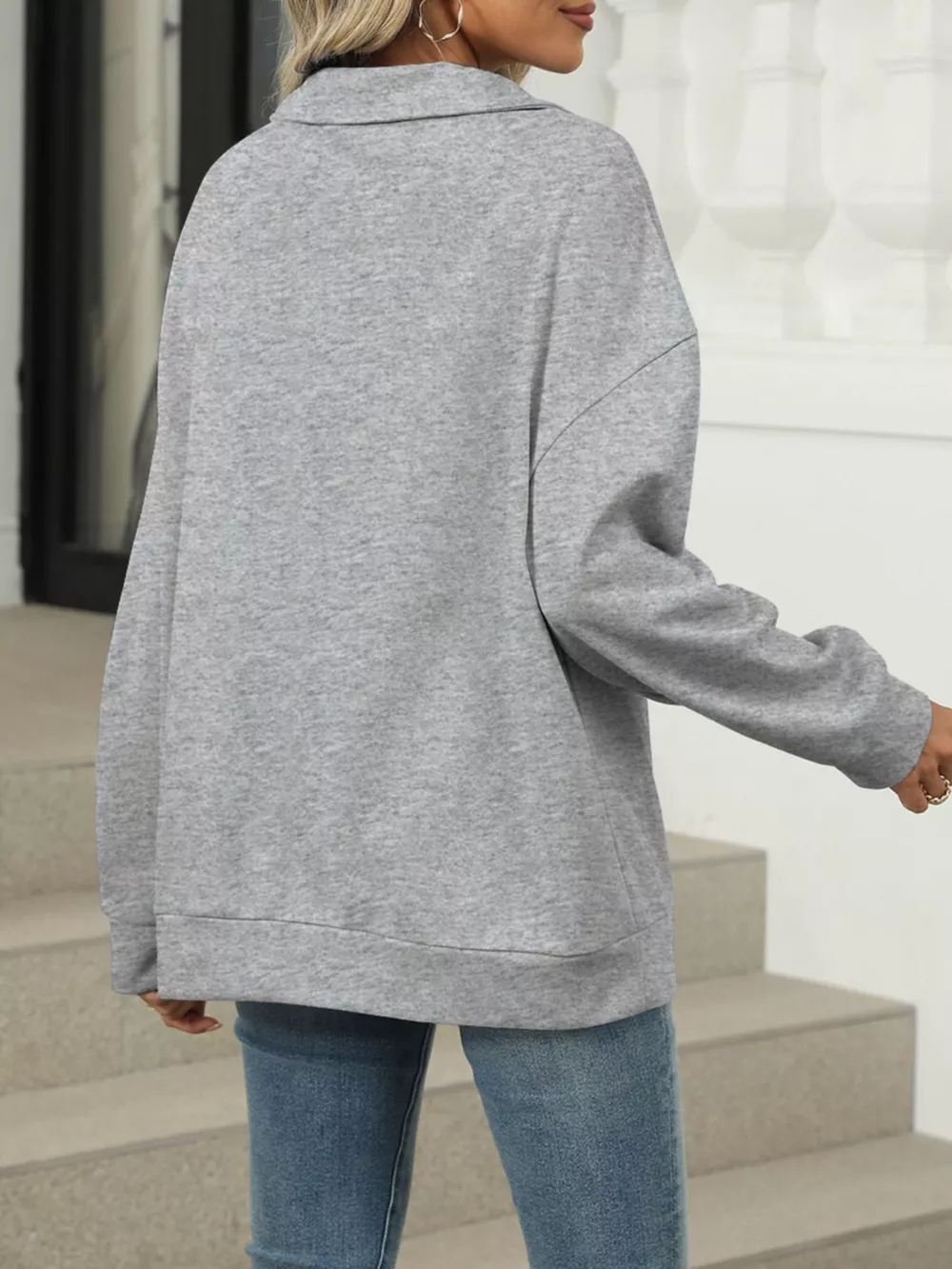 Johnny Collar Drop Shoulder Long Sleeve Sweatshirt, image 7