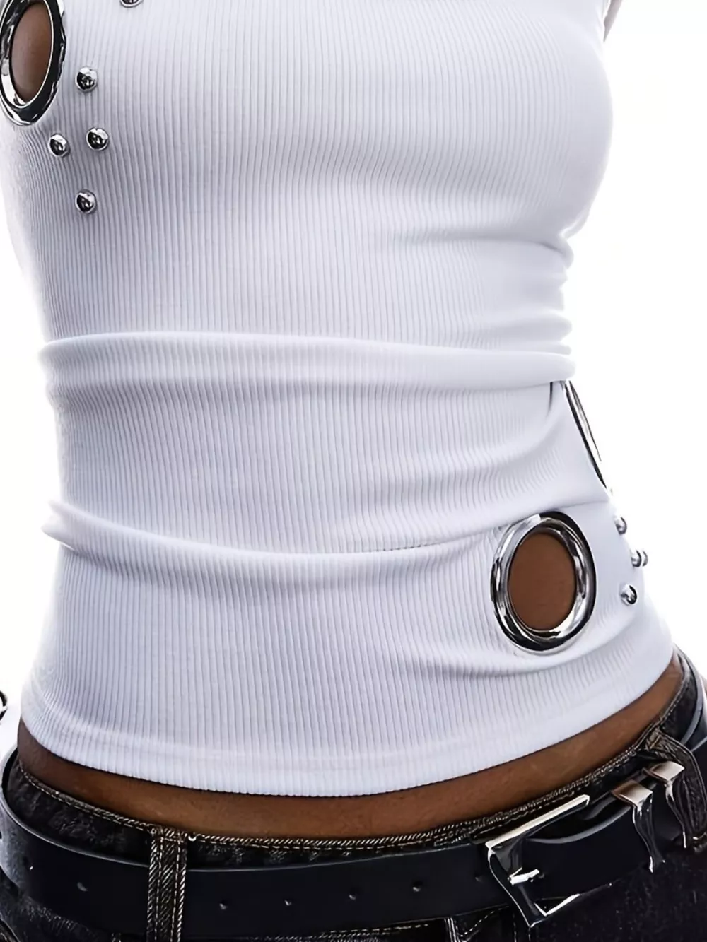 Ribbed Tank Top with Metal Grommet Cutouts and Stud Embellishments, image 9