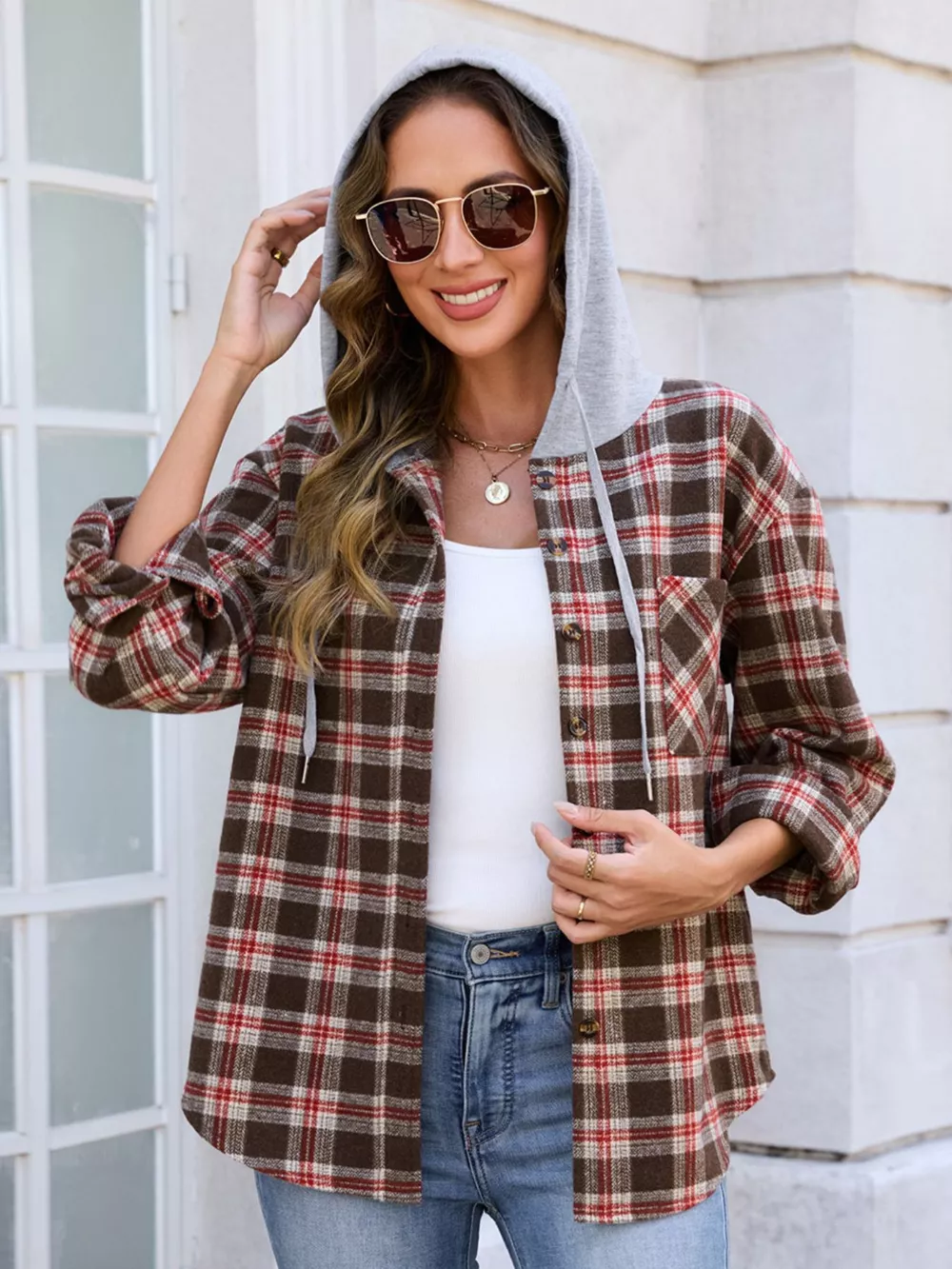 Hooded Plaid Button-Up Shacket, image 10