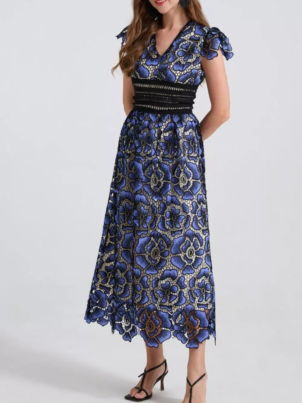 Printed V-Neck Ruffle Sleeve Midi Dress, image 4