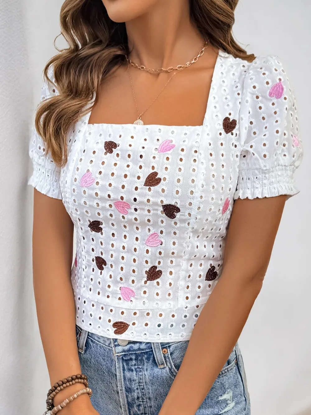 Eyelet Heart Square Neck Short Sleeve Blouse, image 4