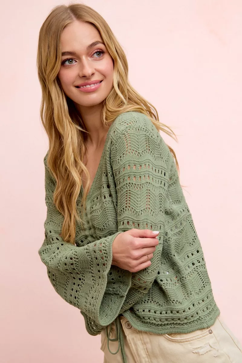 Pointelle Knit V Neck Ruched Front Lightweight Top, image 4